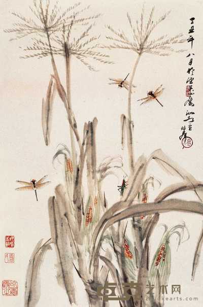 卢坤峰 丁丑（1997年）作 花卉草虫 镜心 69×46cm